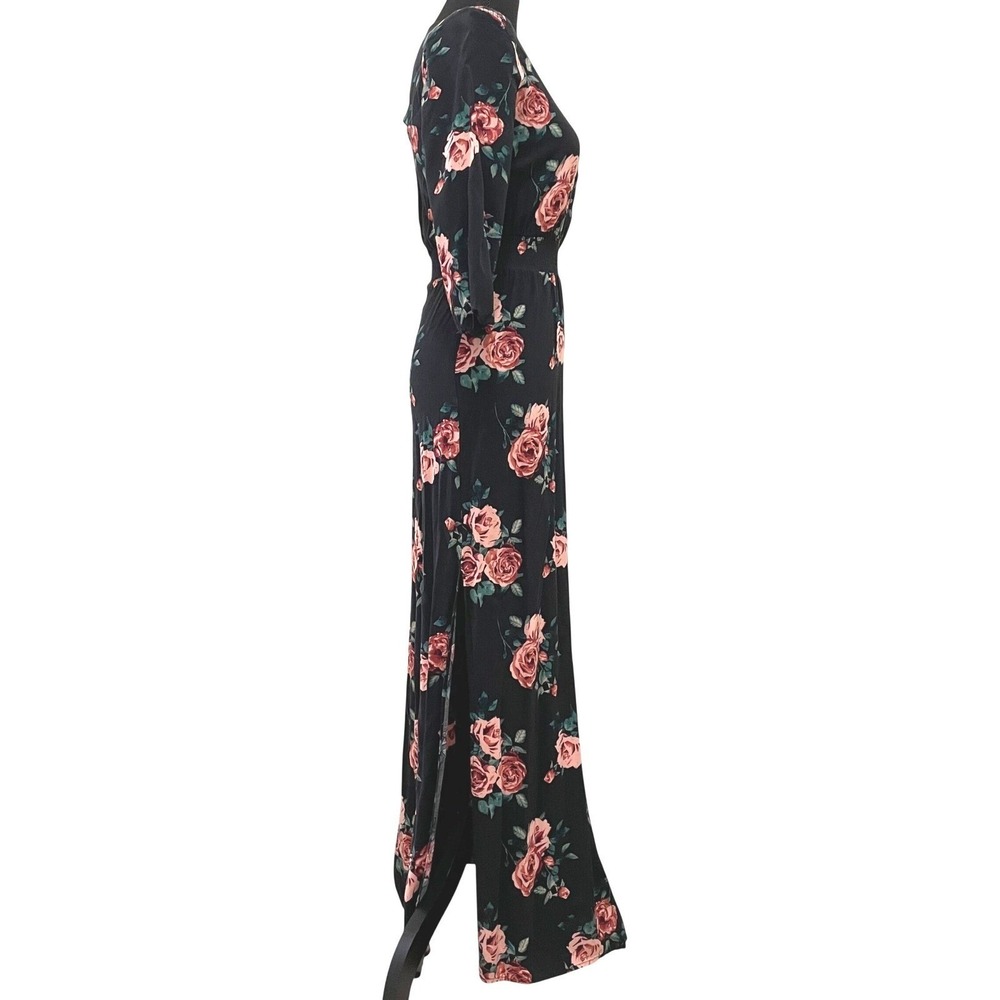 Forever 21 Black Floral Rose Print V-Neck Smocked Waist Maxi Dress S Cottagecore - Picture 4 of 14